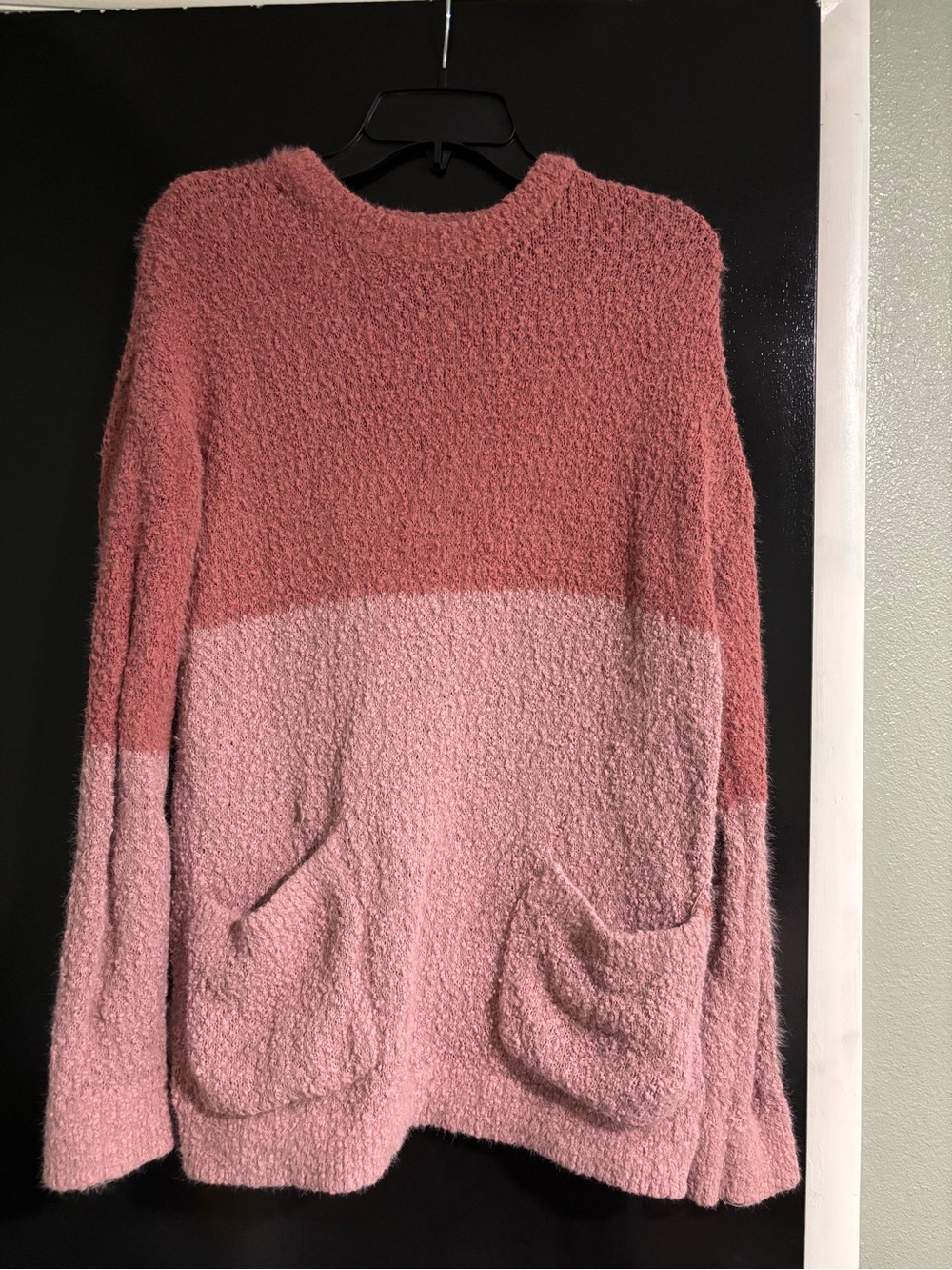 Women's Two-Tone Pink Fuzzy Crewneck Sweater with Pockets
